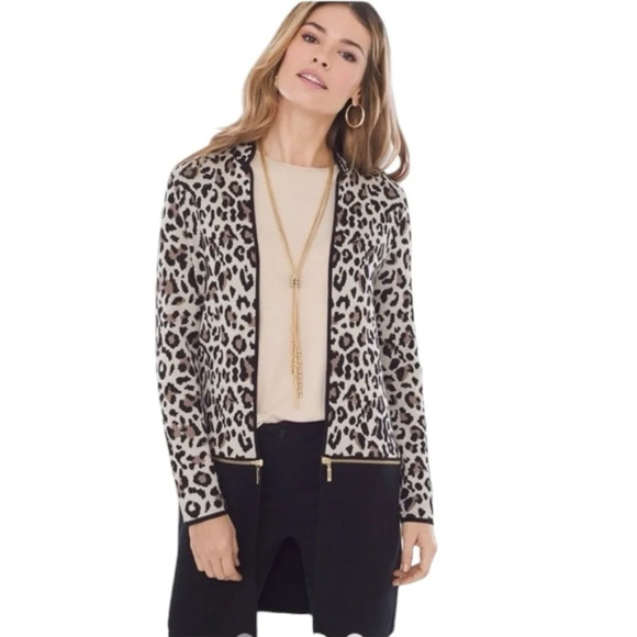 Chico's Preppy Convertible Length Animal Print Academia Cardigan Sweater Size M - Picture 2 of 16